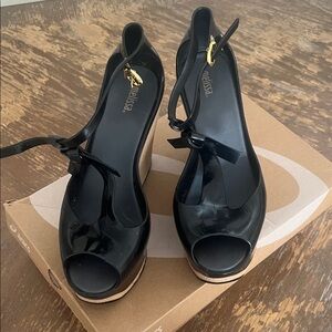 Melissa Black Peep Toe Heels with Bow Accent